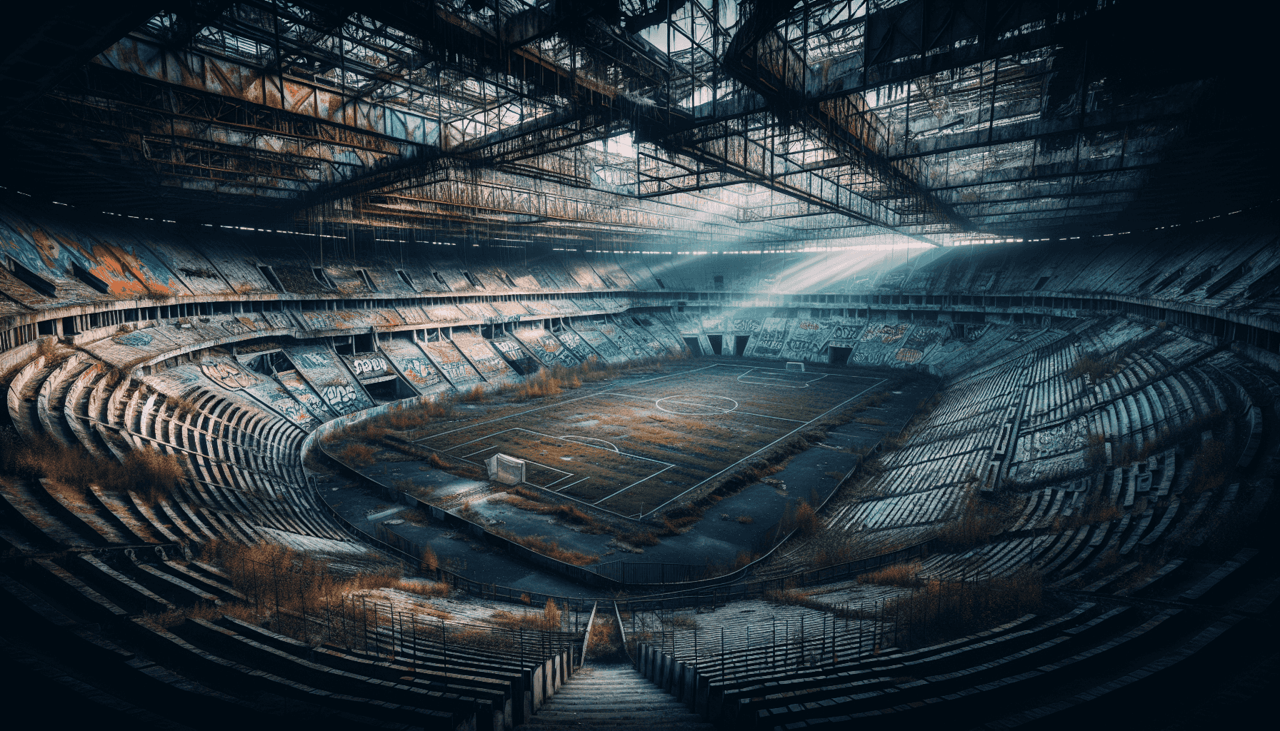 Estádio abandonado com paredes grafitadas